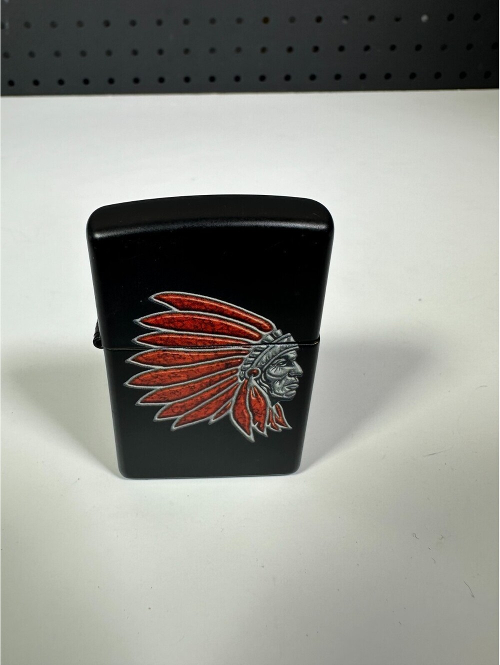 Zippo Indian Chief Headdress Lighter Black Matte Used - Sparks No Flame